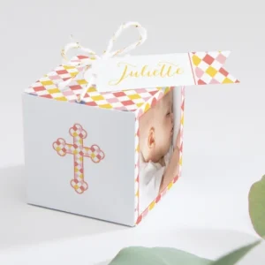 Boite dragees bapteme Croix losanges*Faire-part Elégant Hot