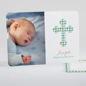 Faire-part de bapteme Croix losanges*Faire-part Elégant Sale