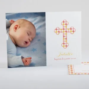 Faire-part de bapteme Croix losanges*Faire-part Elégant Sale