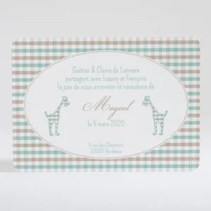 Faire-part de naissance Girafe petit vichy*Faire-part Elégant Sale