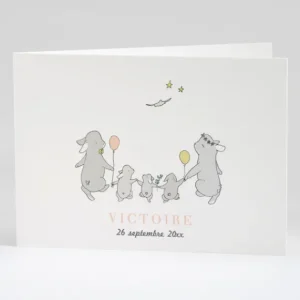 Faire-part de naissance Jolis lapins en famille 3 enfants*Faire-part Elégant Discount