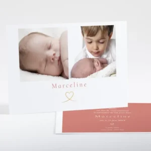 Faire-part de naissance Joli coeur dore 2 photos*Faire-part Elégant Clearance