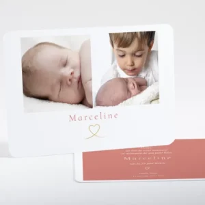 Faire-part de naissance Joli coeur dore 2 photos*Faire-part Elégant Clearance
