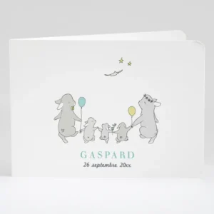 Faire-part de naissance Jolis lapins en famille 3 enfants*Faire-part Elégant Discount