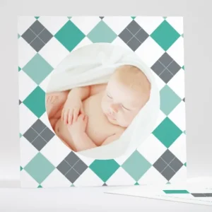 Faire-part de naissance Losange medaillon photo*Faire-part Elégant New